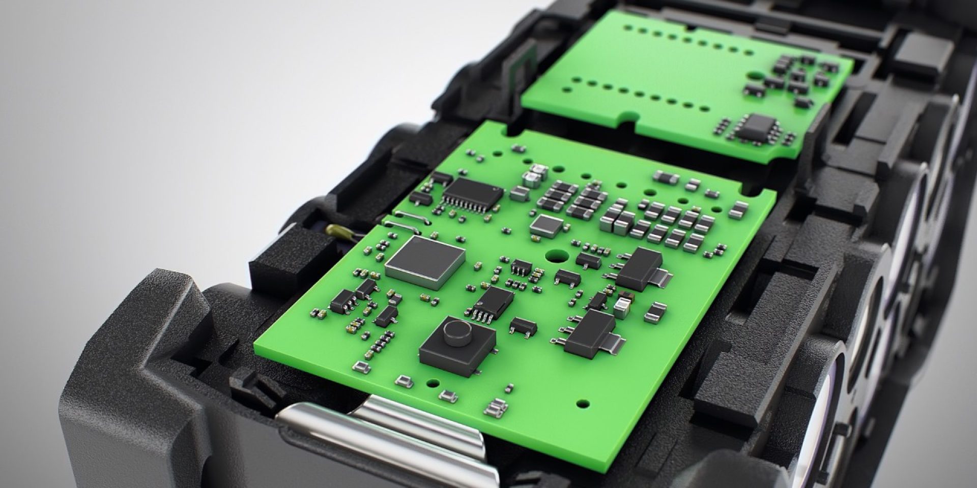 Querschnitt eines geöffneten Nuron Lithium-Ionen-Akkus mit Fokus auf die Elektronik im Inneren des Akkus.