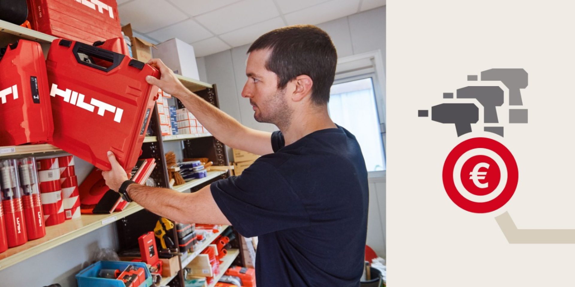 Mann hebt einen Hilti Koffer aus einem Regal. Daneben eine Illustration mit Icons von Geräten und ein Eurozeichen im Vordergrund.