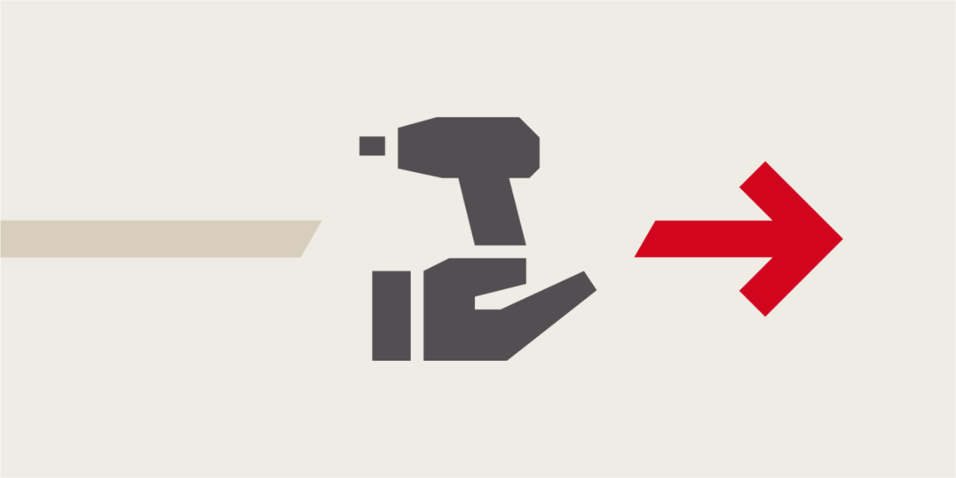 Eine graue Illustration, die einen stilisierten Akkuschrauber auf einer Hand zeigt, rechts daneben ein roter Pfeil der nach rechts weist.
