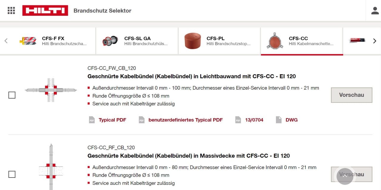 Screen shot of Firestop Selector digital approval library