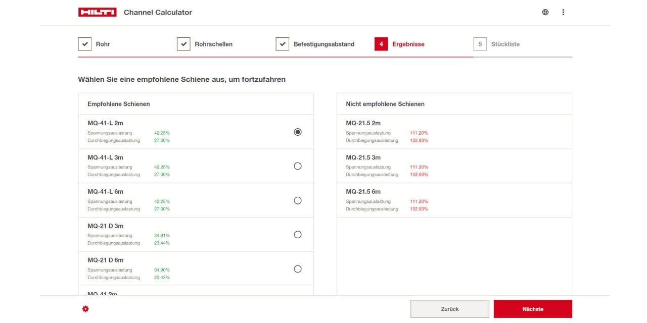 Channel Chalculator - Schienen-Empfehlungen erhalten