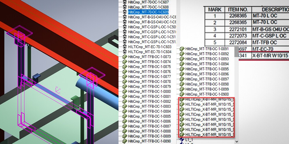 Hilti Modular Supports PlugIn - Ausführliche Stückliste (BOM)
