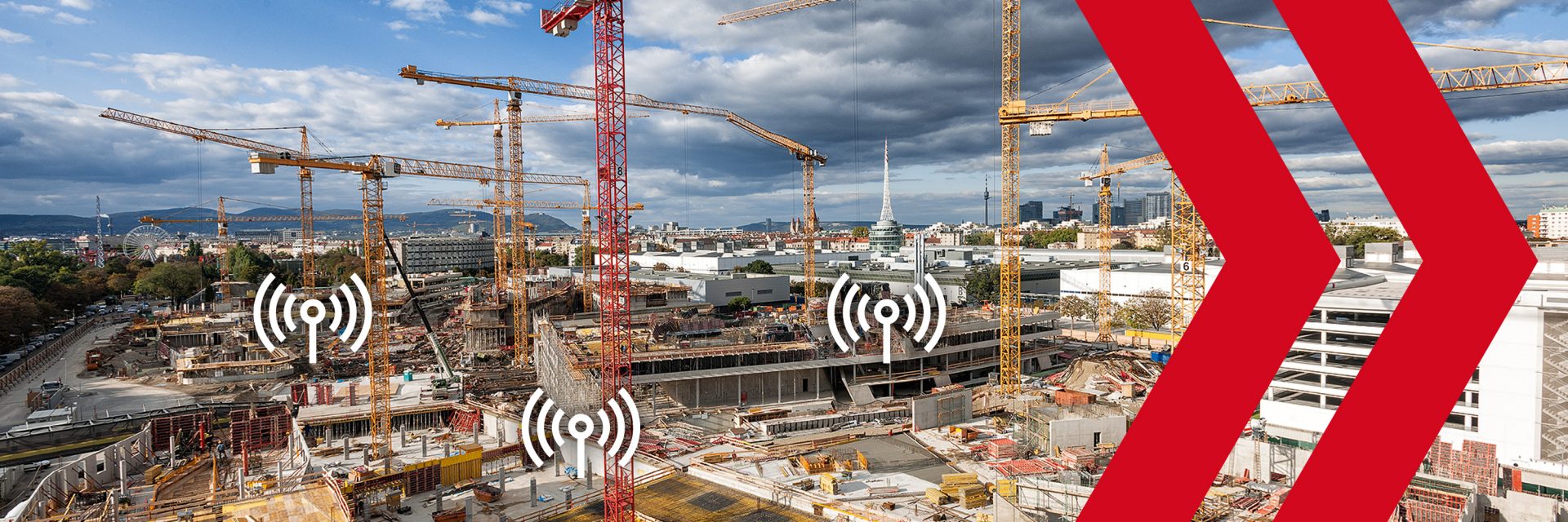 Bild einer Baustelle mit Hinweisen auf vernetzte Geräte