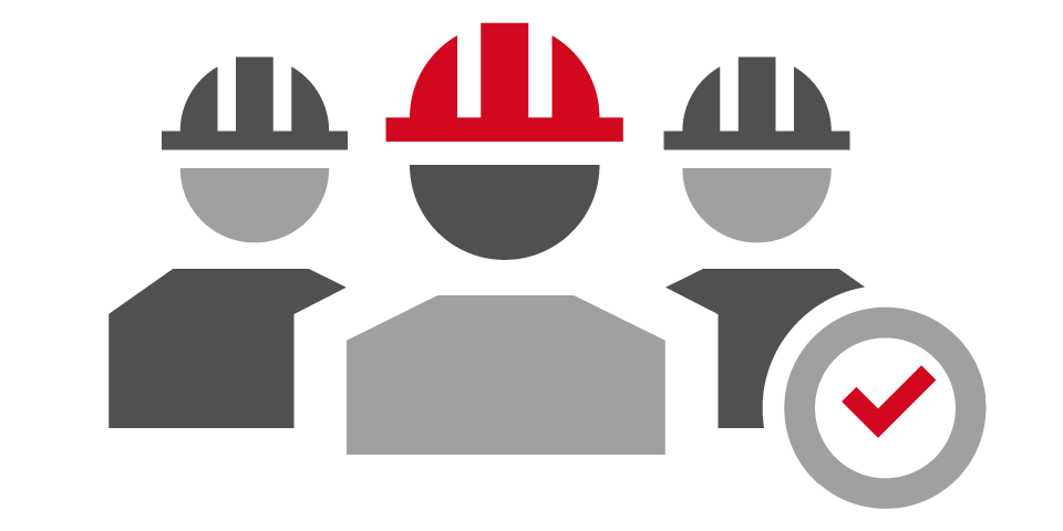 Symbol von drei Arbeitern mit „Fertig“-Schild