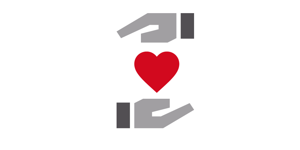 Symbol mit zwei Händen und einem roten Herz in der Mitte