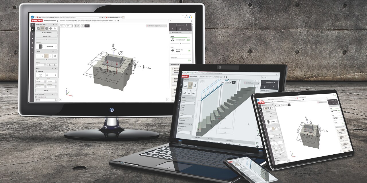 PROFIS Engineering on three different device screens