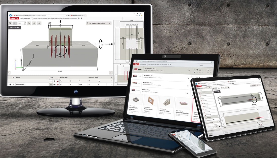 PROFIS Engineering software shown on differwnt device screens