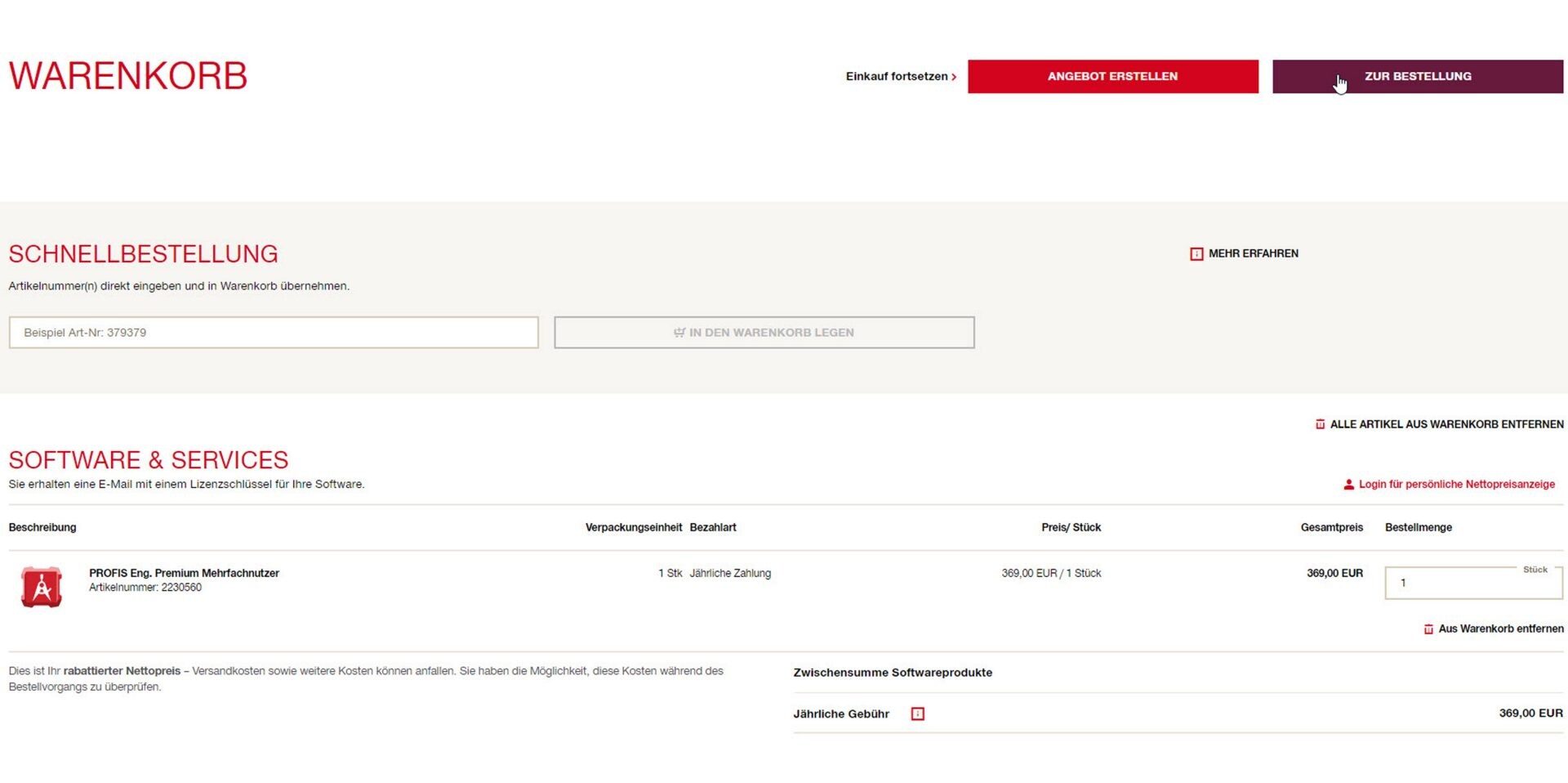 Bildschirmfoto des Hilti Online-Warenkorbs