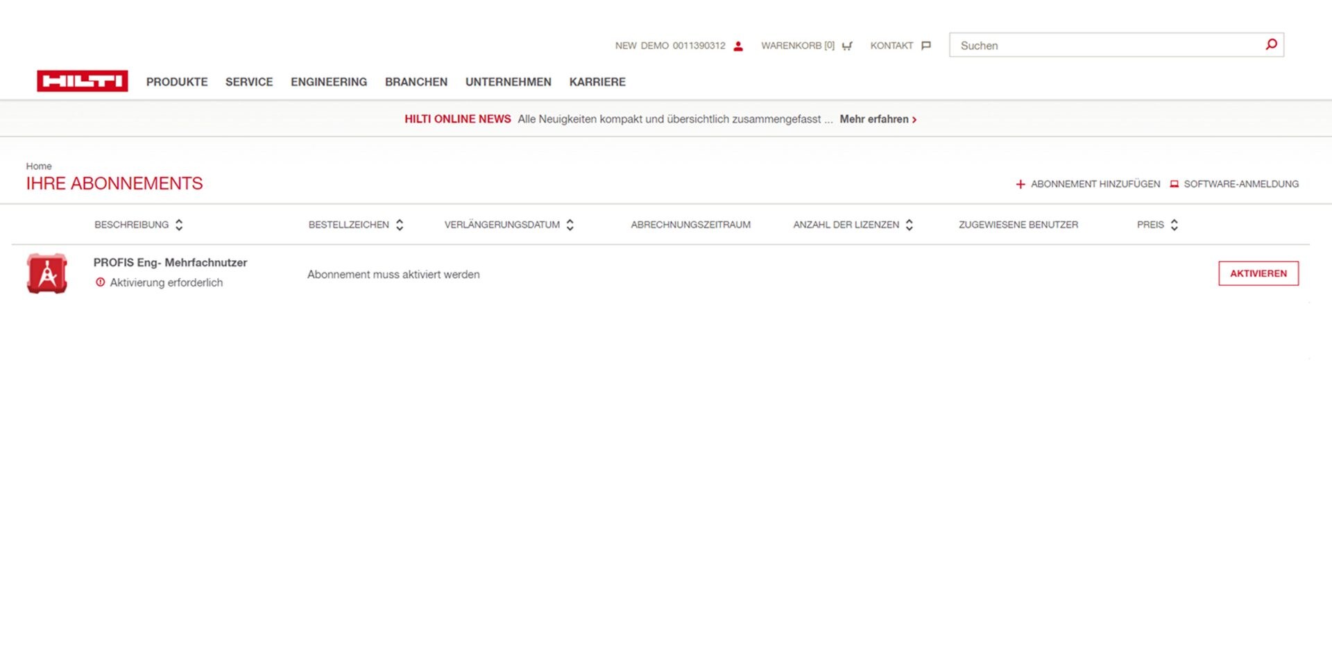 Anmeldebildschirm Hilti Account Tool