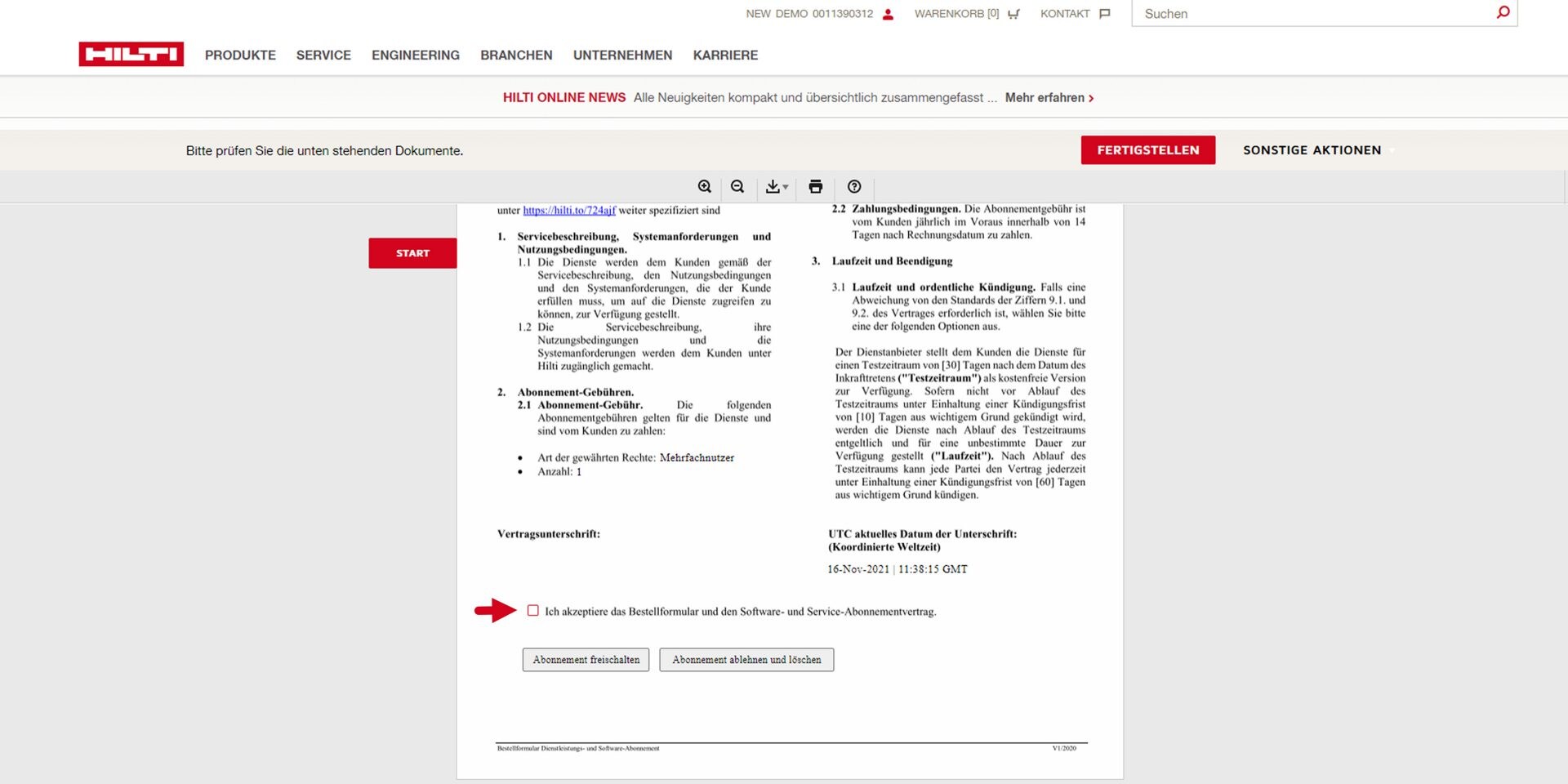 Startbildschirm des Hilti Account Tools