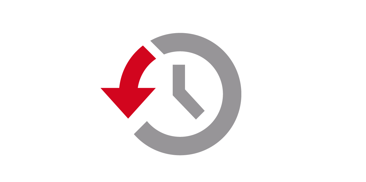 Ikon, das eine Uhr mit einem roten Pfeil gegen den Uhrzeigersinn darstellt