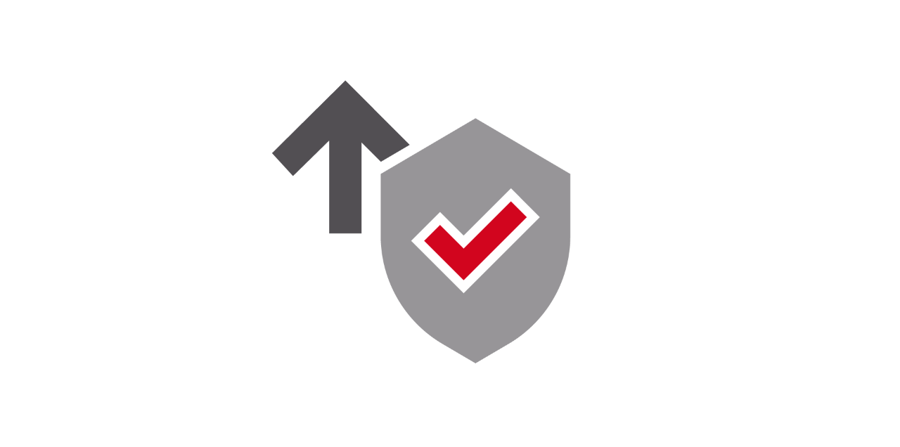 Ikon mit einem Schild und einem nach oben gerichteten grauen Pfeil