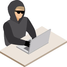 Abbildung: Eine Person mit dunkler Brille sitzt am Laptop
