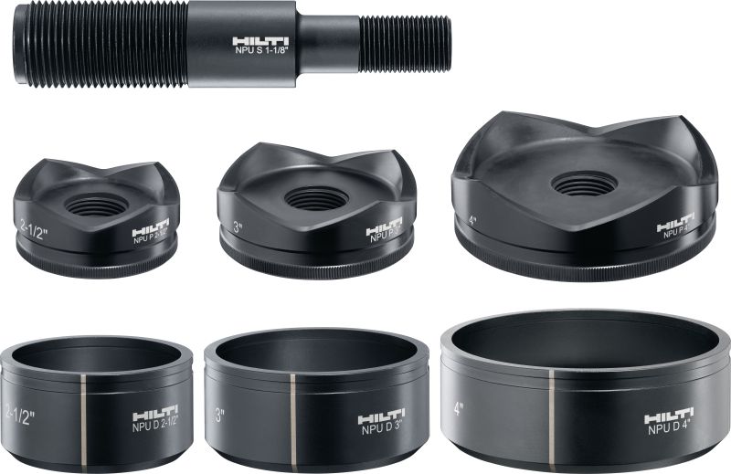 NPU Stanz-Sets (1/2” bis 2”) oder (2-1/2” bis 4”) Sets aus Presseinsätzen, Lochzangen und Zugbolzen zum Stanzen von Leerrohrlöchern mit einem Durchmesser von ½” bis 4” in Stahl bis 10er Stärke