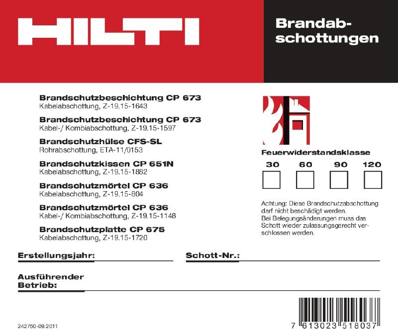 Bild 1 von 1: Ausführungsschild Kabelschott 
