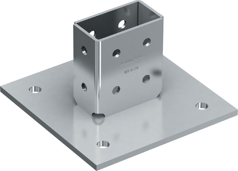 Bild 1 von 1: MT-B-O4 Grundplatte für 3D-Lasten Grundplattenverbinder zur Verankerung von Schienekonstruktionen unter 3D-Belastung in Beton und Stahl