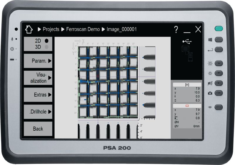 Anwendungssoftware PSA 200 App zur Visualisierung und Analyse von Scandaten von Ferroscan und X-Scan Detektionssystemen auf dem PSA 200-Tablet