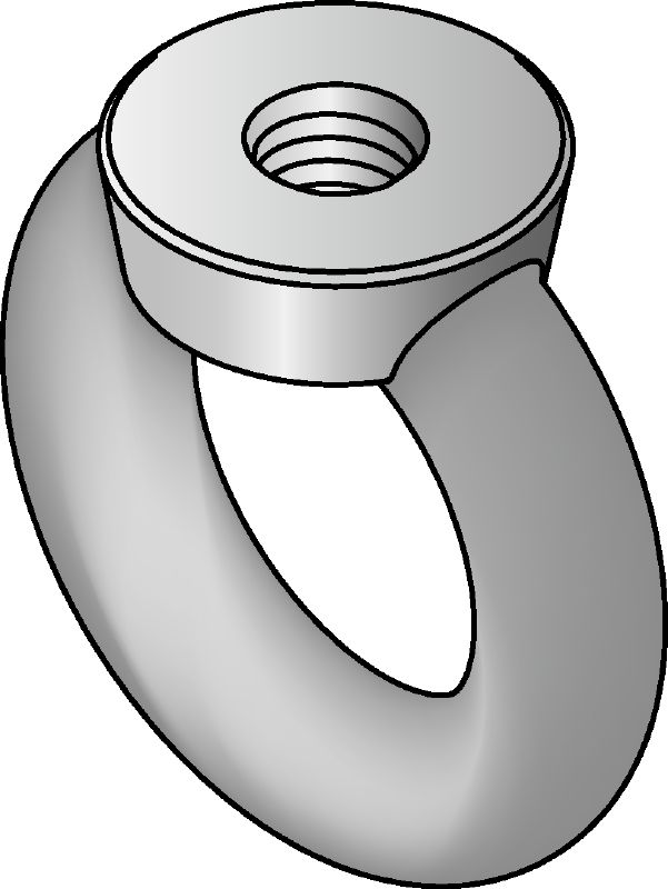 Ringmutter DIN 582 aus Edelstahl (A4) Ringmutter aus Edelstahl (A4) nach DIN 582 mit Ösen zur Aufnahme eines Hakens