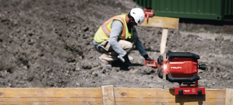 PR 40-22 Rotationslaser für Oberflächen mit Einfachneigung Robuster Rotationslaser für Nivellieraufgaben mit automatischen Funktionen zum Nivellieren, Ausrichten, Fluchten sowie Einrichten und Abstecken von Winkeln im Außenbereich (Nuron Akku-Plattform) Anwendungen 1