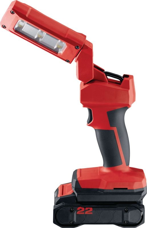 Bild 1 von 3: LED-Arbeitsleuchte SL 2-22 Kabellose LED-Arbeitsleuchte mit ganztägiger Akkulaufzeit, drehbarem Kopf und großem Haken zur Beleuchtung von Arbeitsbereichen einer Person (kabellose Nuron-Geräteplattform)