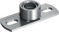 Folie 1 von 1 (selected): MGS 2-R Grundplatten für den mittleren Lastbereich Mittelschwere Grundplatte aus Edelstahl (A4) zur Befestigung von Zoll-Gewindestangen mit zwei Dübelpunkten