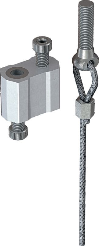 Set: MW-EB L Kabelsicherung mit Drahtseil, Ringende Drahtseil mit vormontiertem Gewindering und verstellbarer Sicherung zum Abhängen von Vorrichtungen an Beton und Stahl