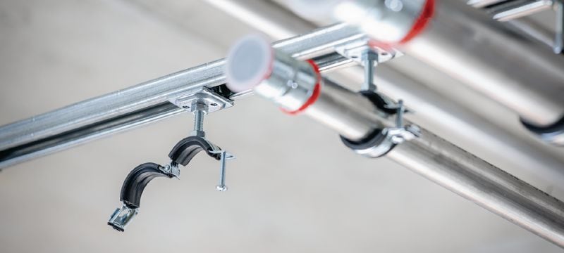 Bild 7 von 10: MP-L-I mit Schnellverschluss für leichte Anwendungen Galvanisch verzinkte Rohrschelle, schallgedämmt, mit Schnellverschluss für leichte Anwendungen Anwendungen 1