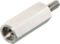 Folie 1 von 9 (selected): Abstandhalter mit Gewinde (Edelstahl) Abstandhalter mit Innen- und Außengewinde aus Edelstahl zur Befestigung an Stahlträgern mit passiver Brandschutzbeschichtung (PFP)